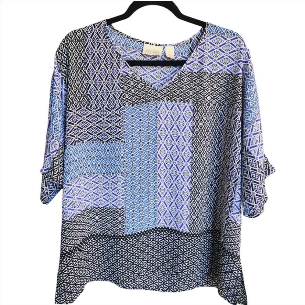 Chicos Patchwork Pattern Lightweight Blouse Black Blue White Sz 1 (8/10)